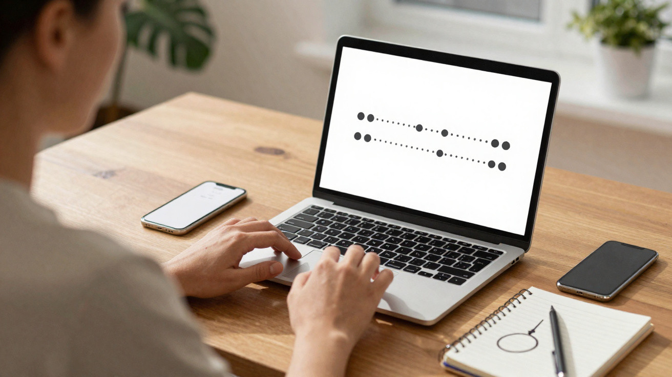 Pessoa a usar computador portátil com gráfico de pontos na tela, num ambiente de trabalho com cadernos e telemóveis.