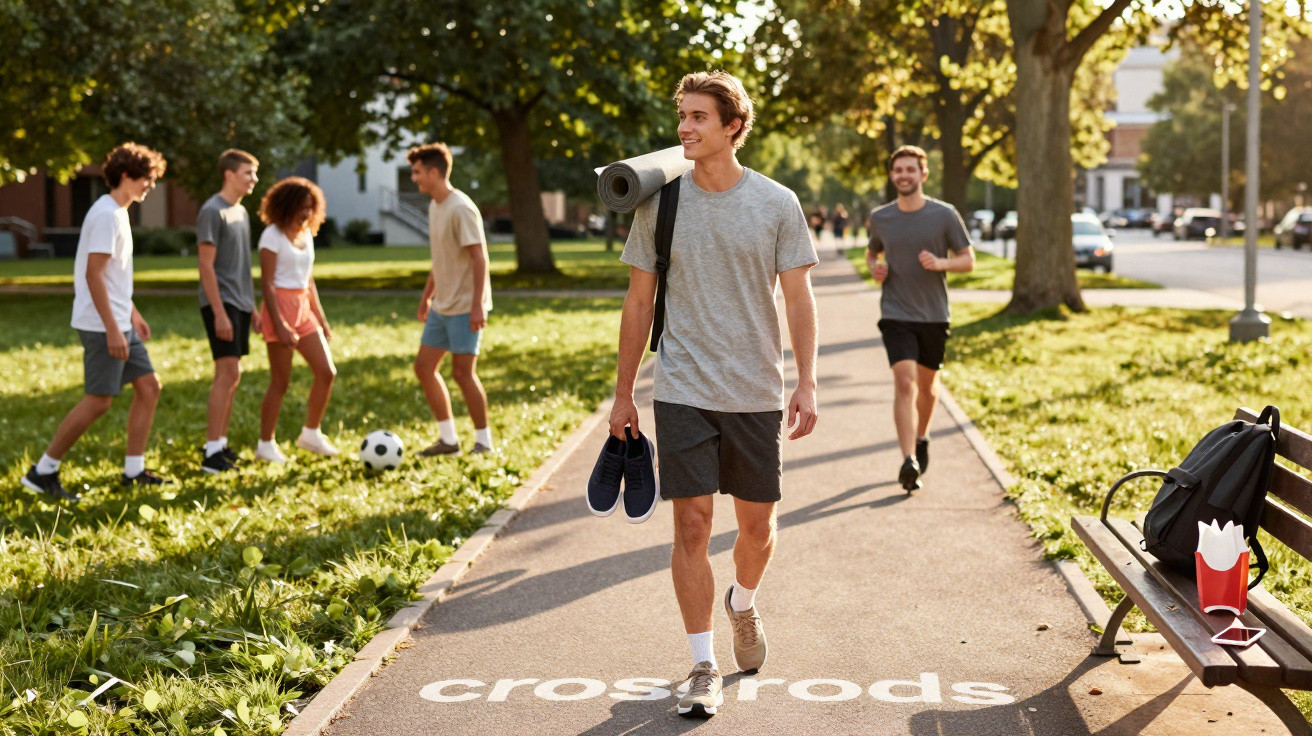 Jovem a caminhar num parque com tapete de yoga e ténis na mão, grupo a jogar futebol ao fundo.