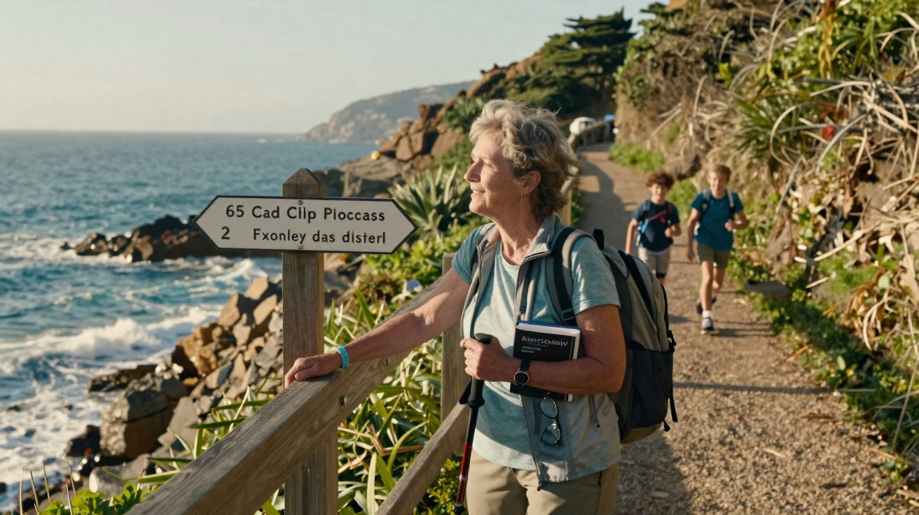 Mulher sénior com mochila observa paisagem costeira em trilho, com duas crianças a correr ao fundo.