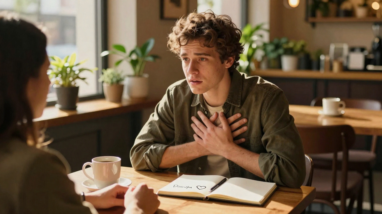 Homem jovem com expressão preocupada conversa com mulher numa cafetaria, livro aberto com nome e coração à frente.