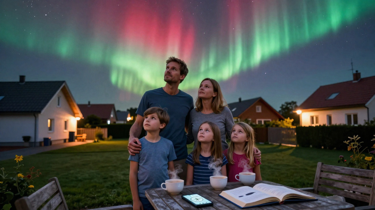 Família observa aurora boreal à noite num jardim com chá e livro numa mesa de madeira.