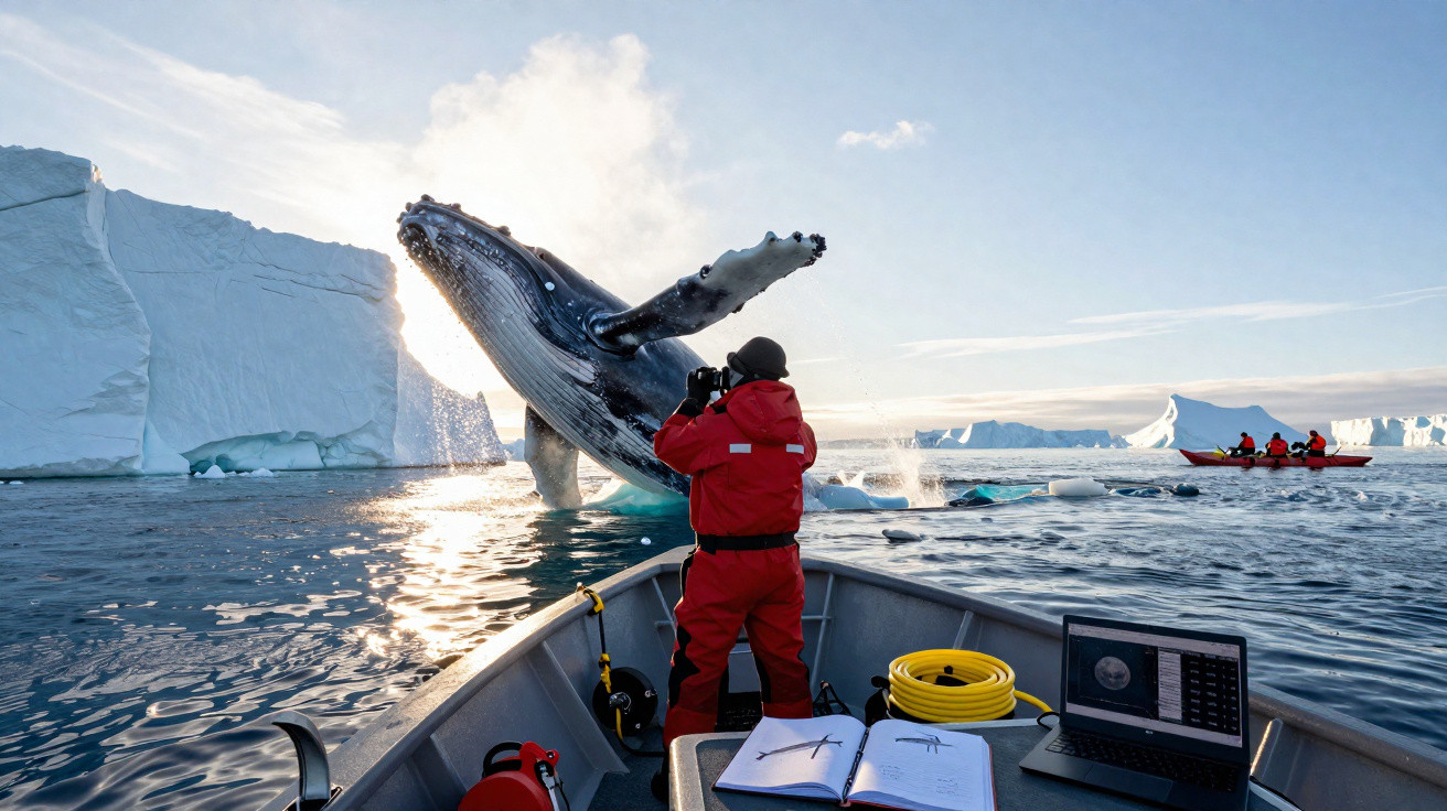 Baleia saltando junto a icebergues enquanto pessoa num barco fotografa na região polar.