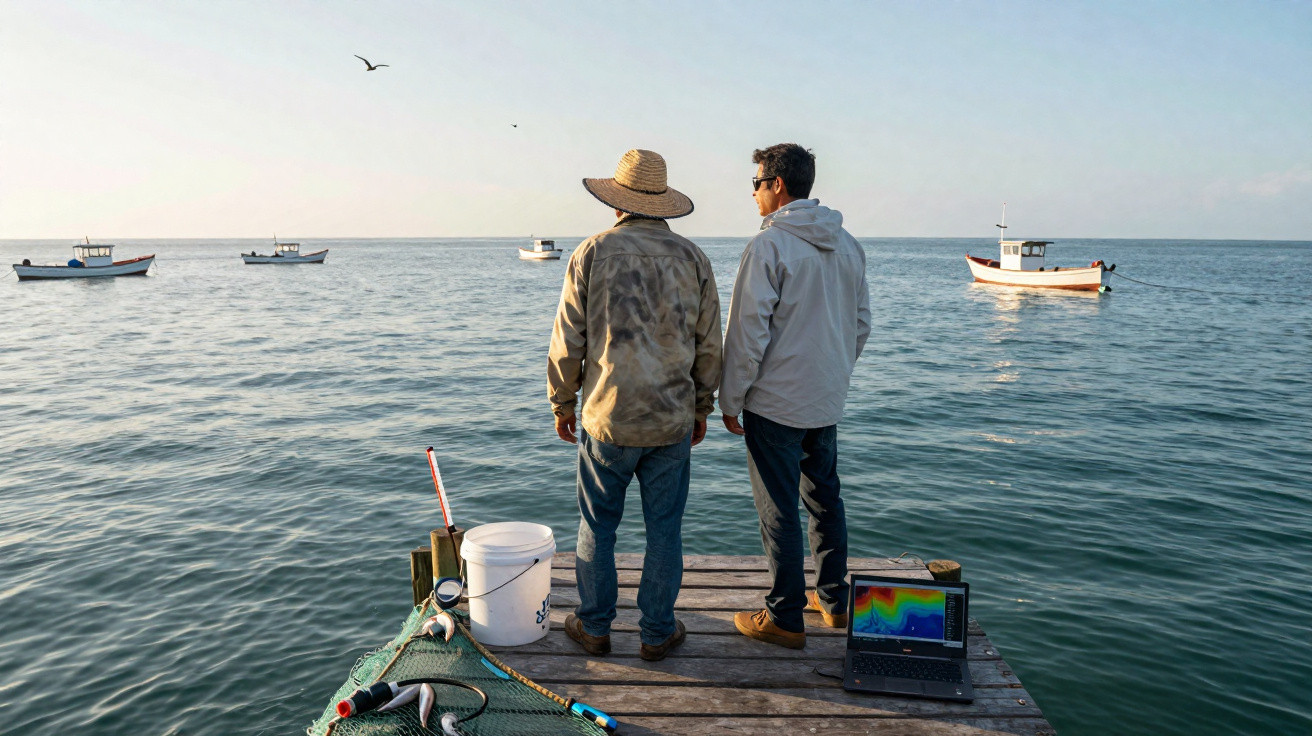 Dois homens de costas num cais com barcos e mar calmo ao fundo durante o dia.