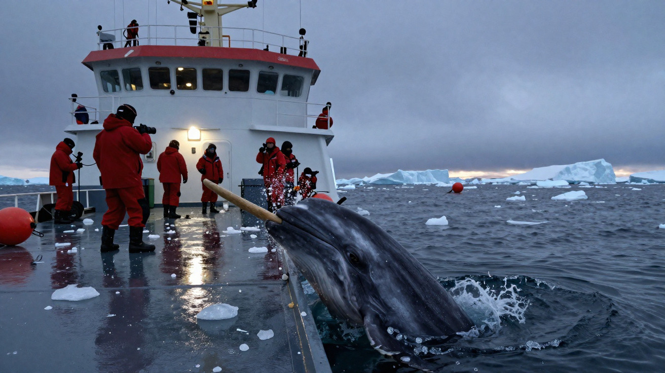 Baleia cinzenta junto a um barco com pessoas em fatos vermelhos, em águas geladas com icebergs ao fundo.