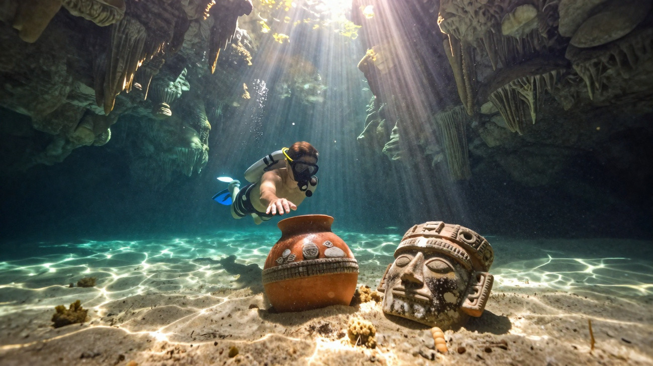 Mergulhador explora gruta subaquática com objetos arqueológicos antigos no fundo arenoso iluminado pela luz do sol.