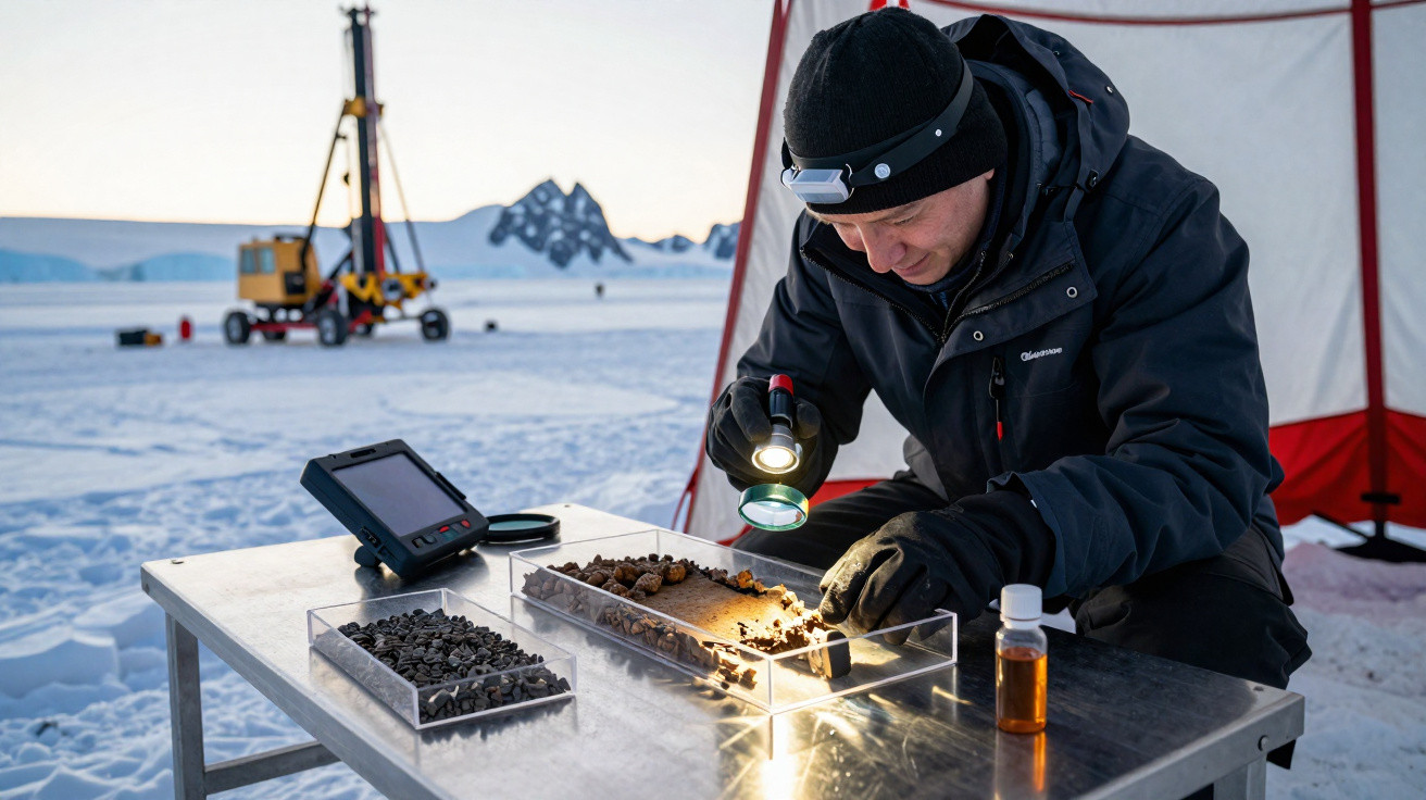 Cientista com roupa de frio analisa amostras de terra perto de equipamento de perfuração em ambiente gelado.