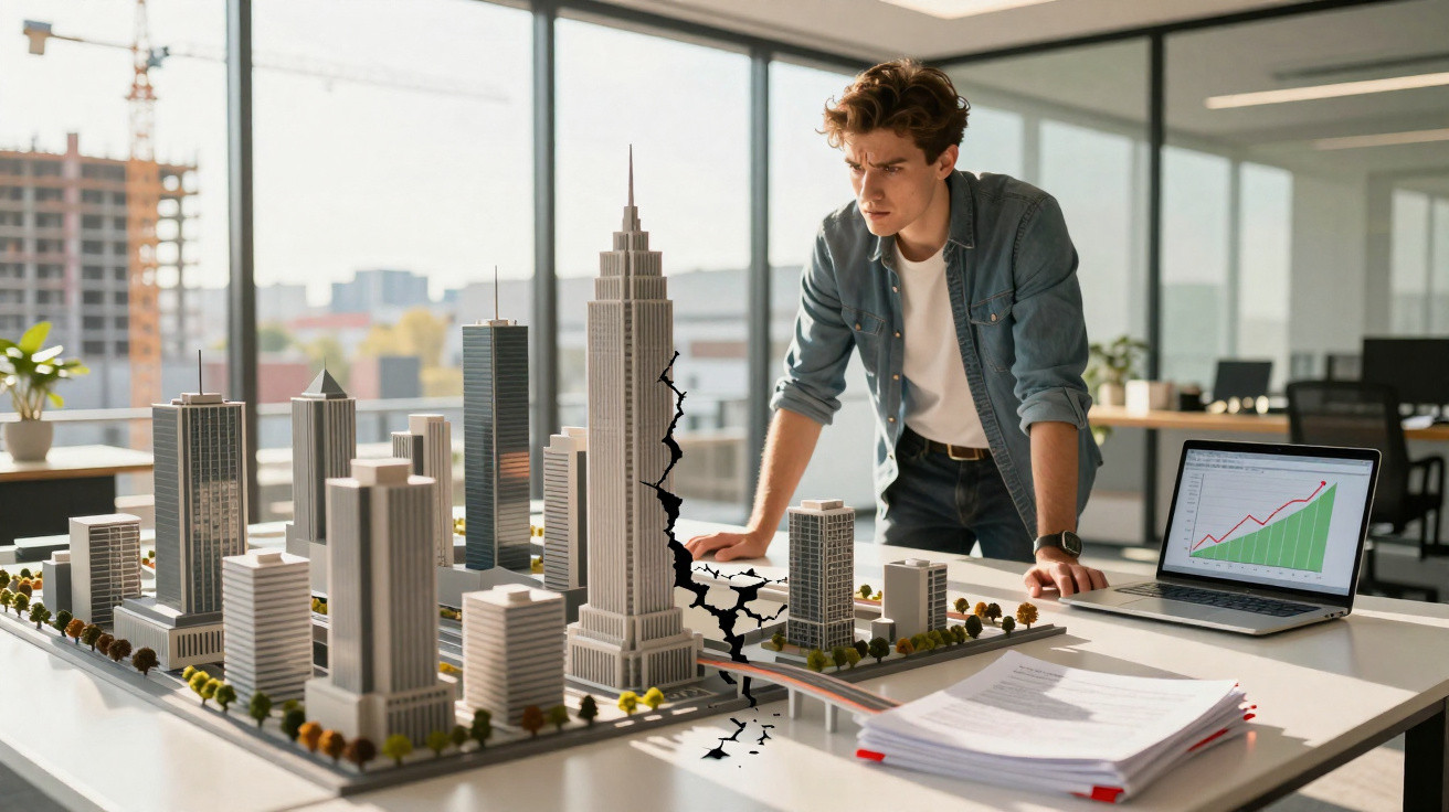 Homem analisa maquete de cidade com fissura, junto a computador com gráfico de crescimento numa sala moderna.