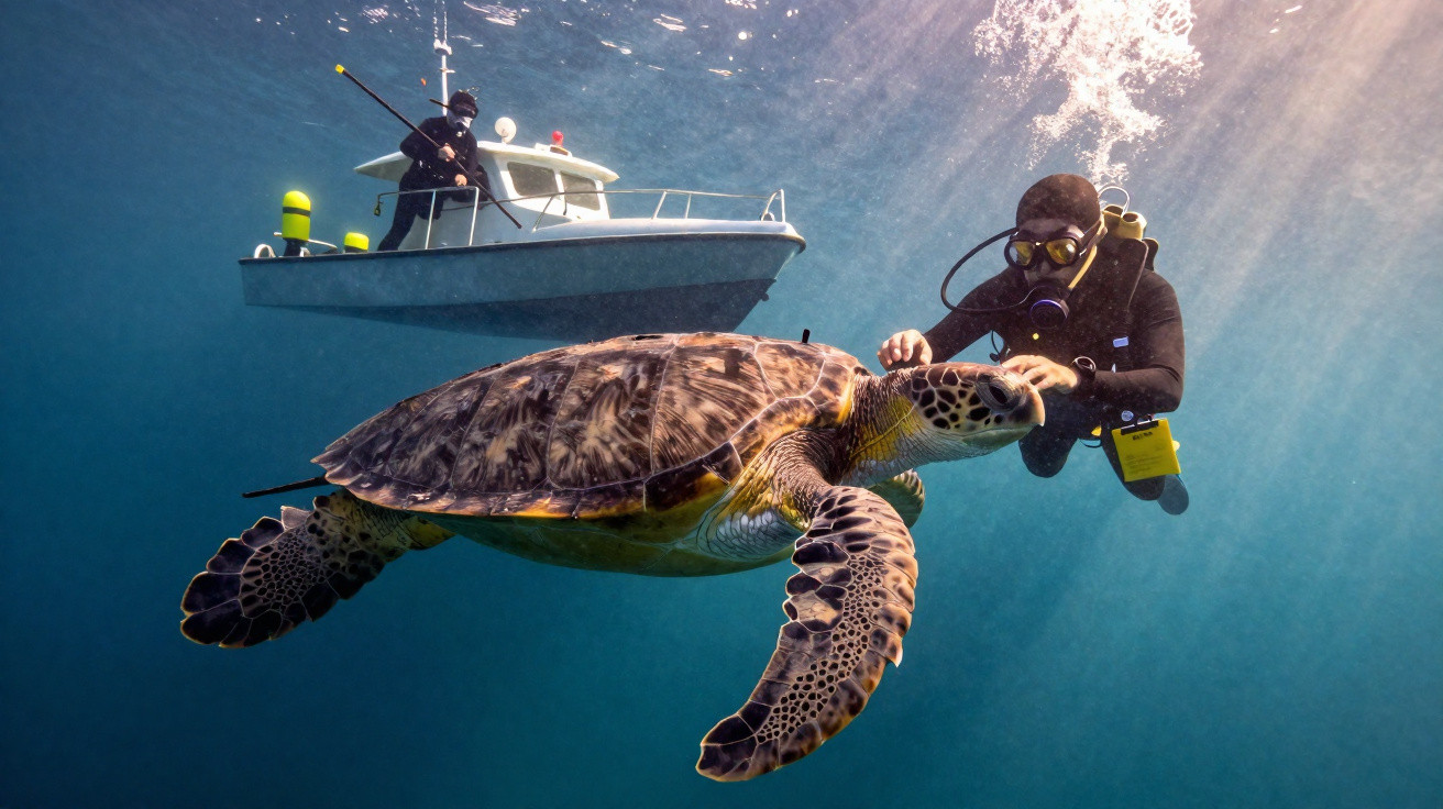 Mergulhador a tocar numa tartaruga marinha com barco à superfície em águas claras e iluminadas pelo sol.