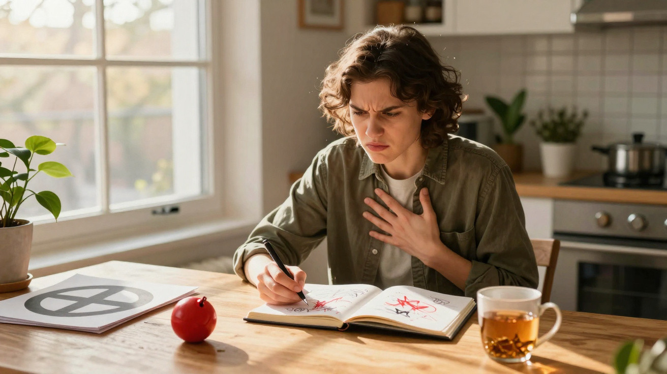 Pessoa jovem sentada numa mesa com um livro aberto a desenhar, com expressão preocupada e mão no peito.