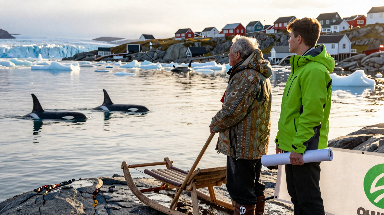 Duas pessoas junto a trenó de madeira observam orcas no mar com casas coloridas e icebergues ao fundo.