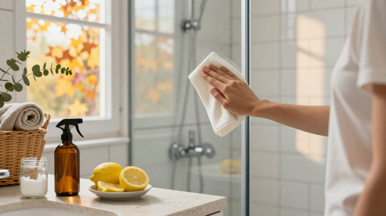 Pessoa a limpar o vidro do duche com um pano branco num banheiro com janela e produtos naturais na bancada.