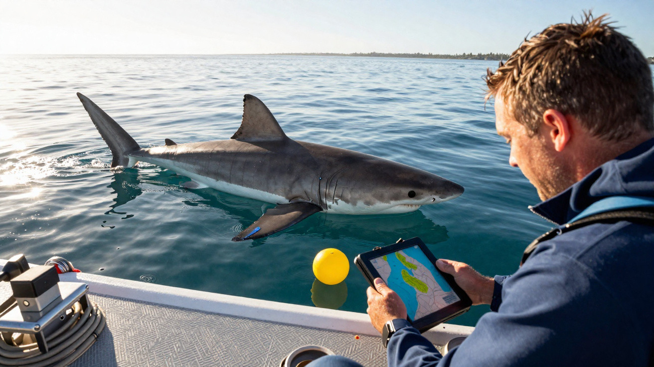Homem num barco observa tubarão junto a bóia amarela, segurando tablet com mapa náutico digital.