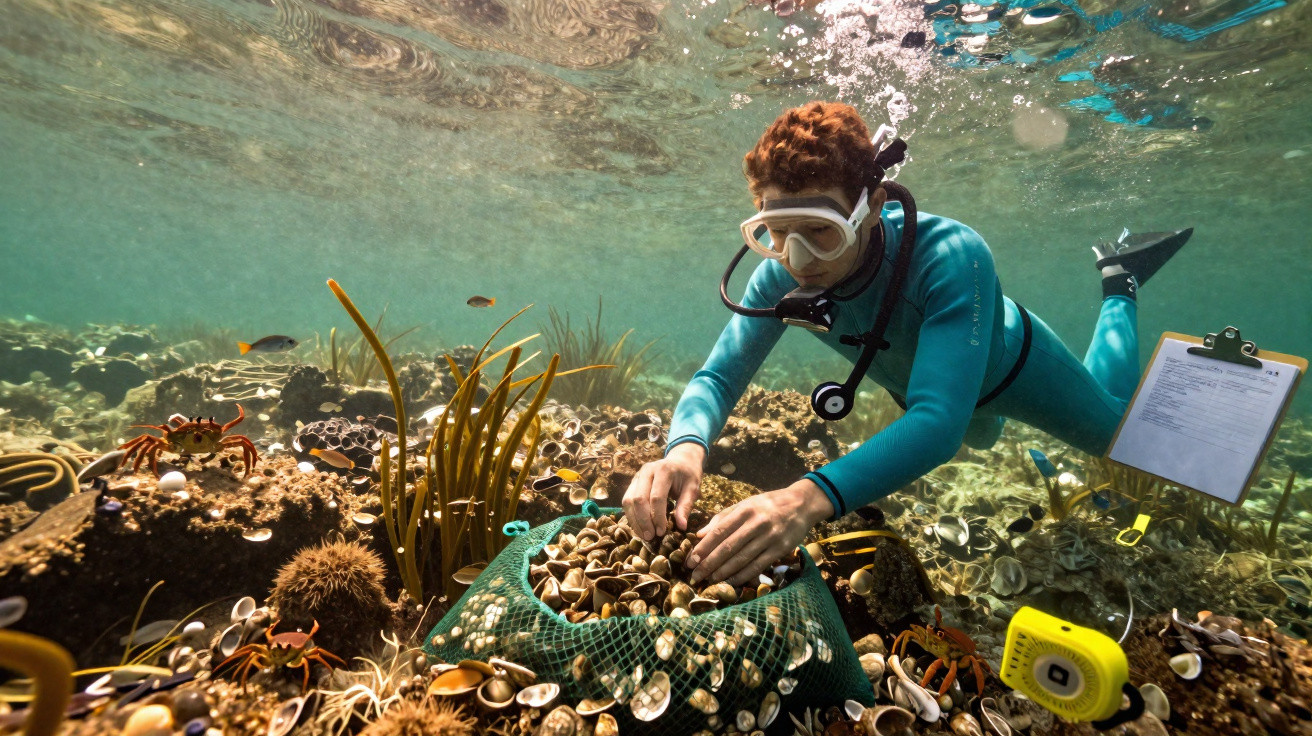 Mergulhador com fato azul recolhe amêijoas no fundo do mar junto a vegetação marinha e caranguejos.