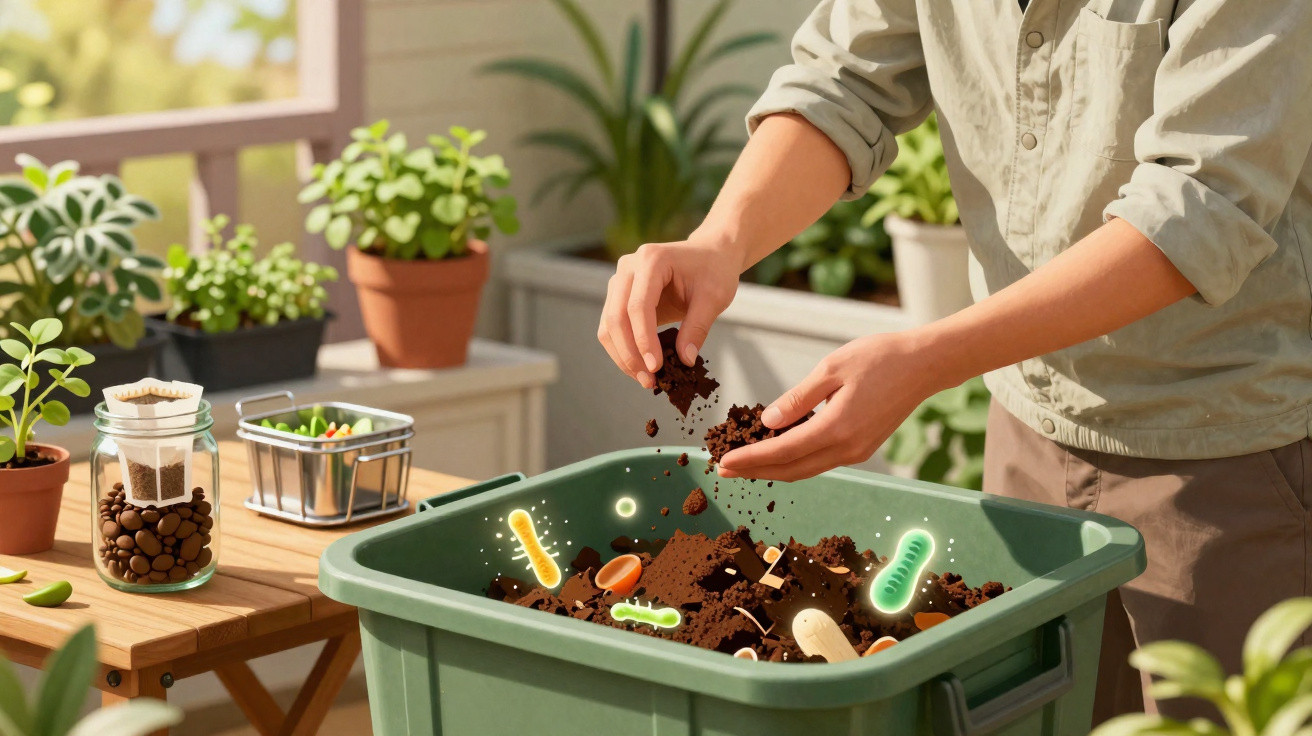 Pessoa a mexer terra num recipiente verde com ilustrações de microrganismos, num ambiente com plantas em vasos.