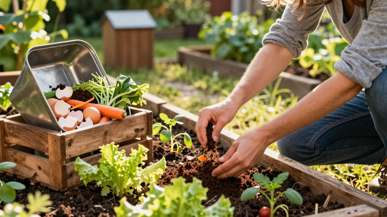 Pessoa a plantar mudas numa horta biológica com material de compostagem numa caixa de madeira ao lado.