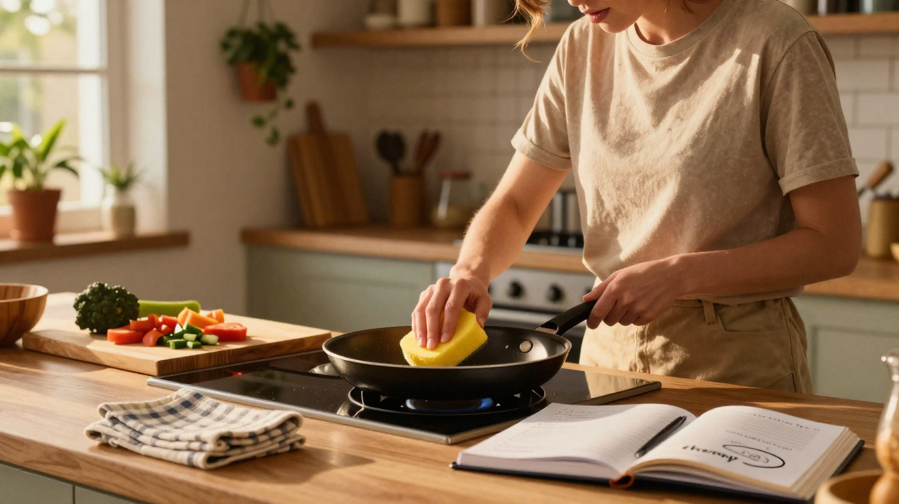 Pessoa a limpar uma frigideira com uma esponja numa cozinha com legumes e livro de receitas à mesa.