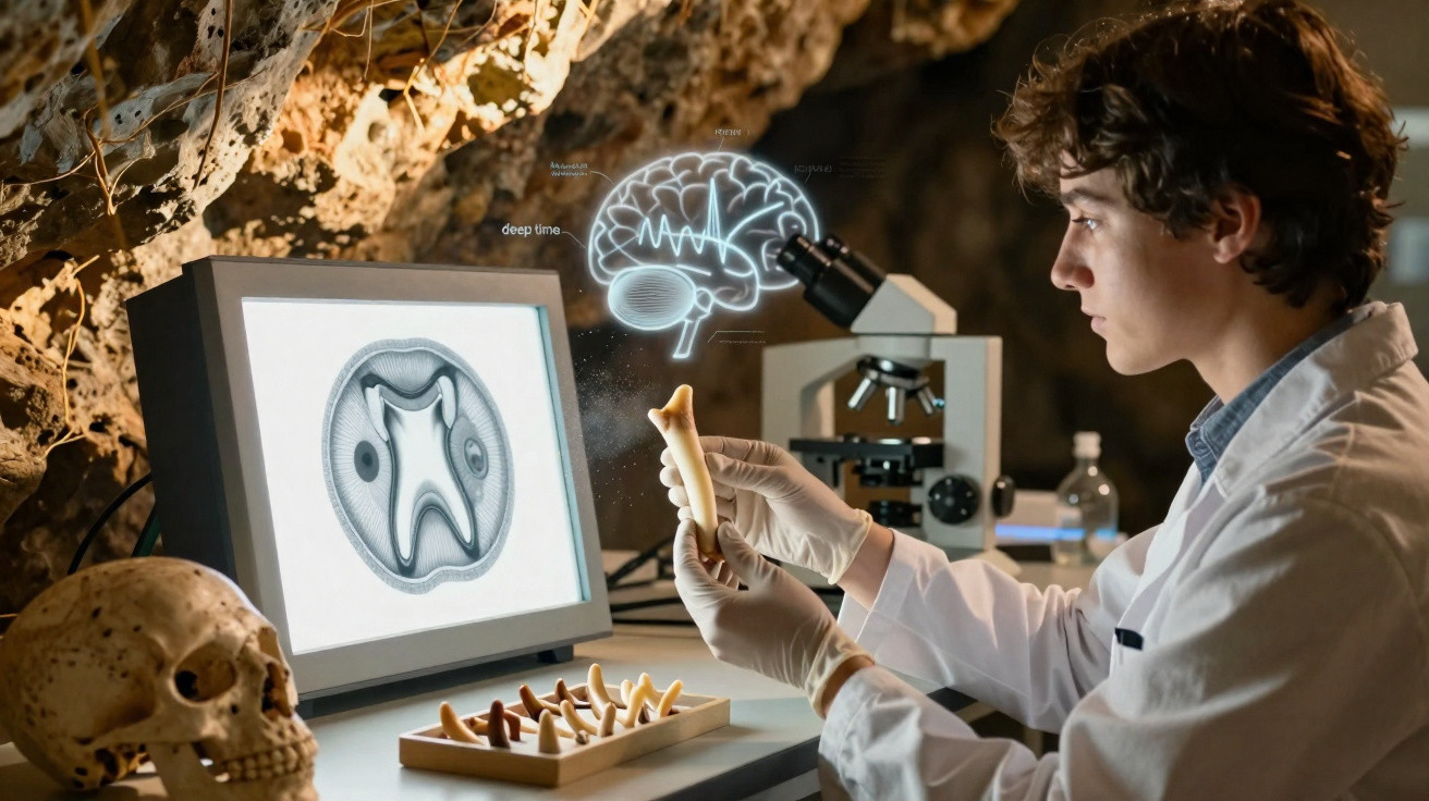 Jovem cientista analisa osso em laboratório com crânio, imagens no ecrã e microscópio num ambiente de caverna.