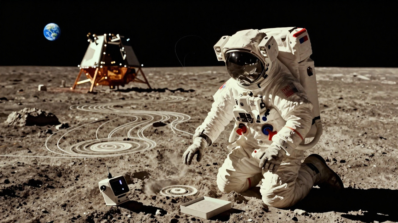 Astronauta na superfície lunar com módulo lunar e planeta Terra ao fundo, desenhando padrões na poeira.