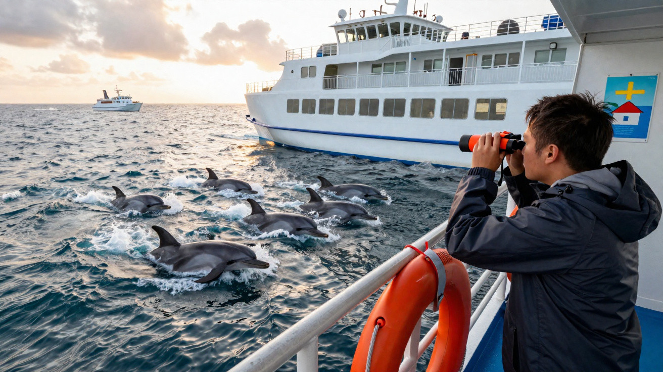 Homem observa golfinhos no mar através de binóculos no convés de um barco ao pôr do sol.