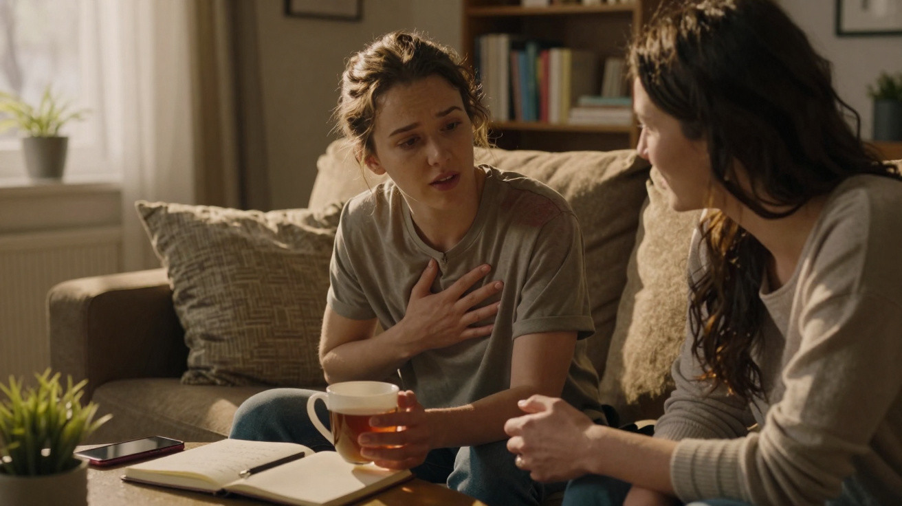 Duas mulheres conversam num sofá, uma segura uma chávena e parece emocionada.