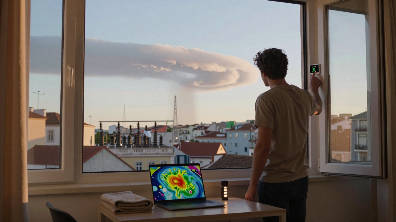 Homem ajusta termostato junto a janela com vista para cidade ao pôr do sol e laptop com mapa térmico.