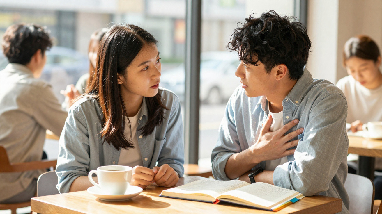 Dois jovens conversam numa cafetaria, com um livro aberto e uma chávena de café na mesa.