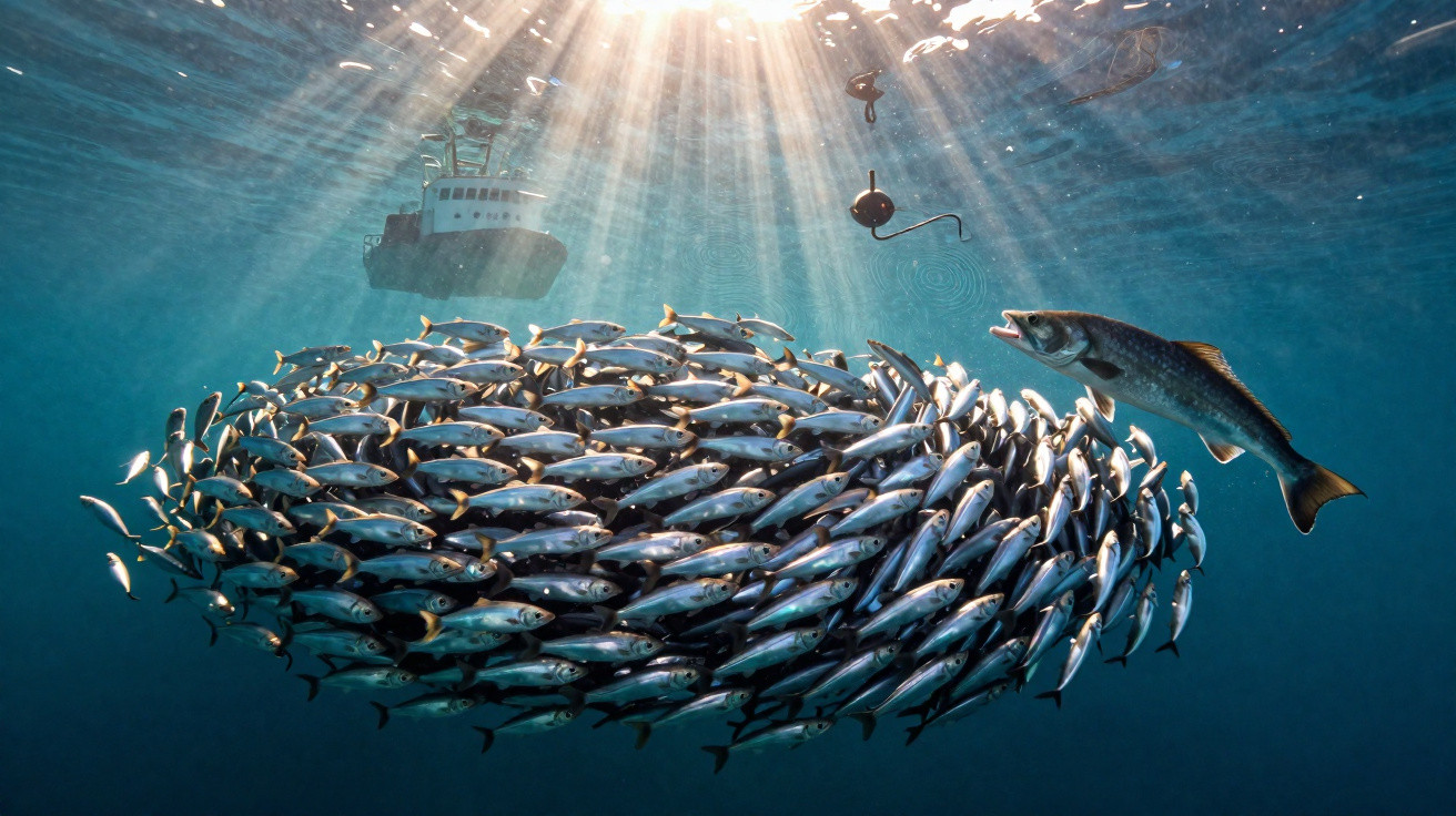 Cardume de peixes junto a barco de pesca e peixe predador à espreita na água iluminada pelo sol.