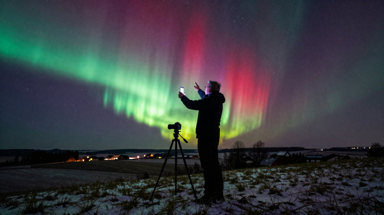 Pessoa a tirar foto da aurora boreal verde e vermelha com telemóvel numa paisagem nevada à noite.