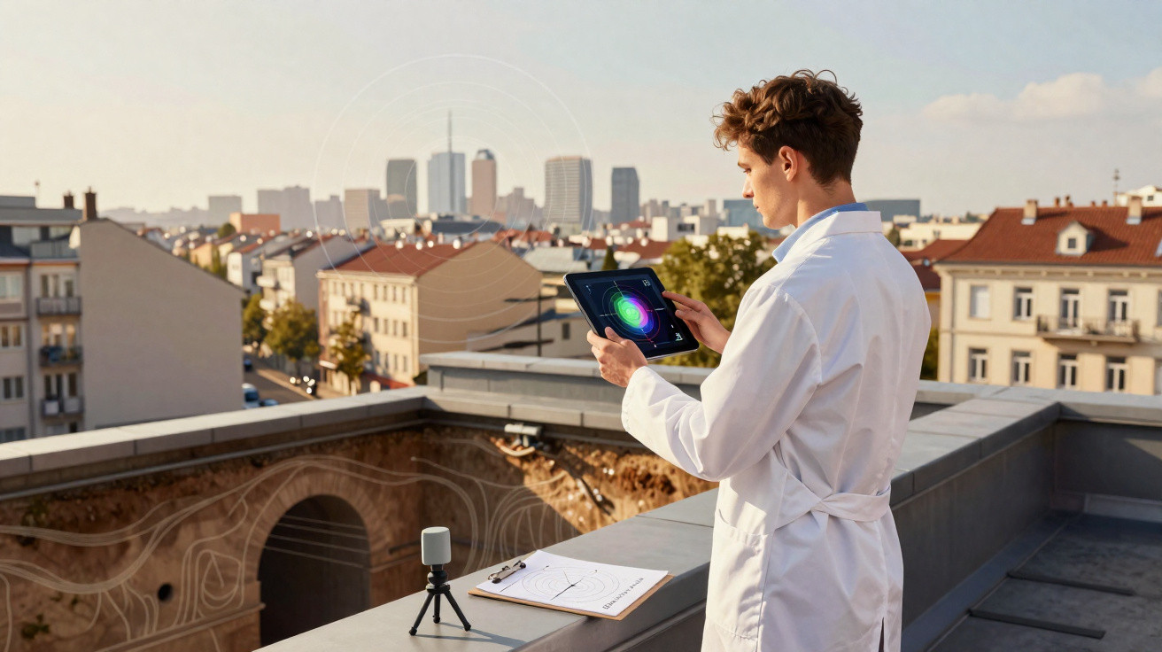Homem de bata branca usa tablet para controlar dispositivo de medição numa varanda com vista para a cidade.