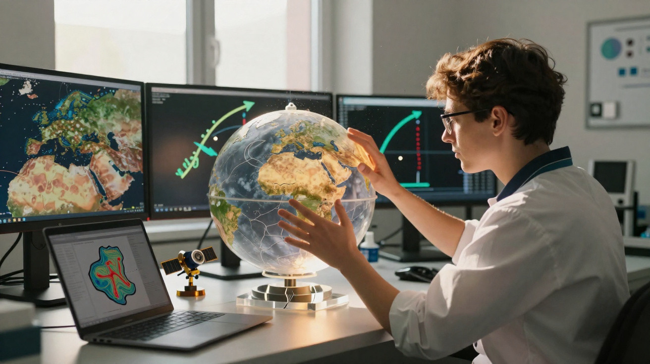 Pessoa a estudar um globo terrestre transparente com mapas e gráficos em três monitores e portátil.