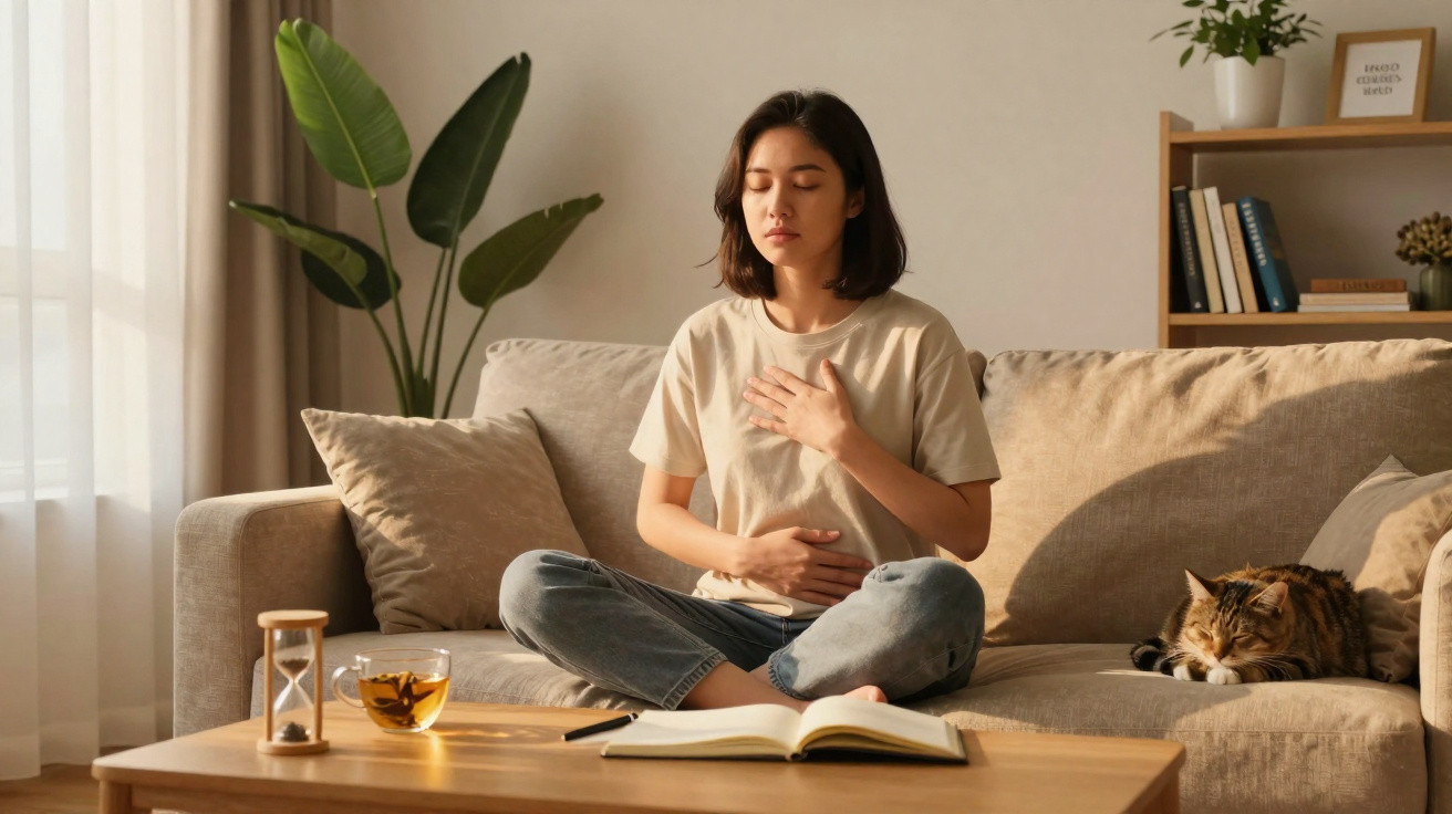 Mulher sentada no sofá a meditar com olhos fechados, gato dorme ao lado e mesa com livro e chá.