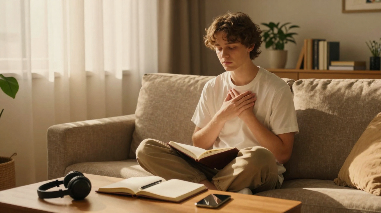 Jovem sentado no sofá com livro aberto e mãos no peito, em ambiente calmo e iluminado.