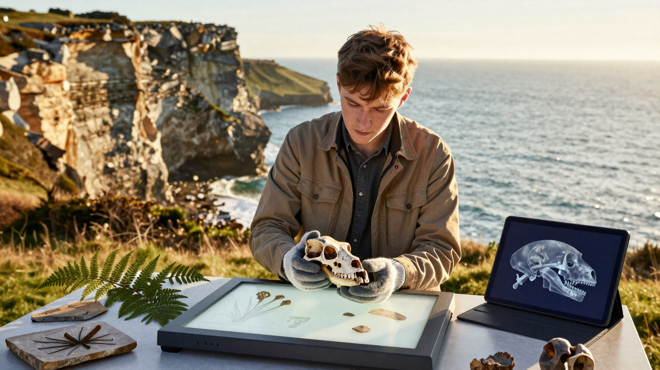 Jovem a analisar crânio animal e estudos botânicos em mesa junto ao mar e falésias ao pôr do sol.