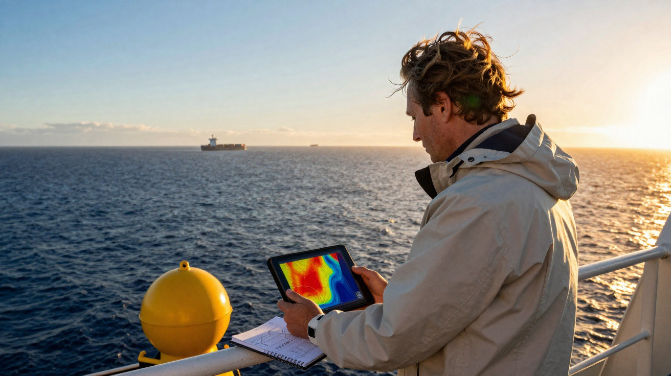 Homem com casaco a olhar para tablet com mapas coloridos no convés de um barco ao pôr do sol.