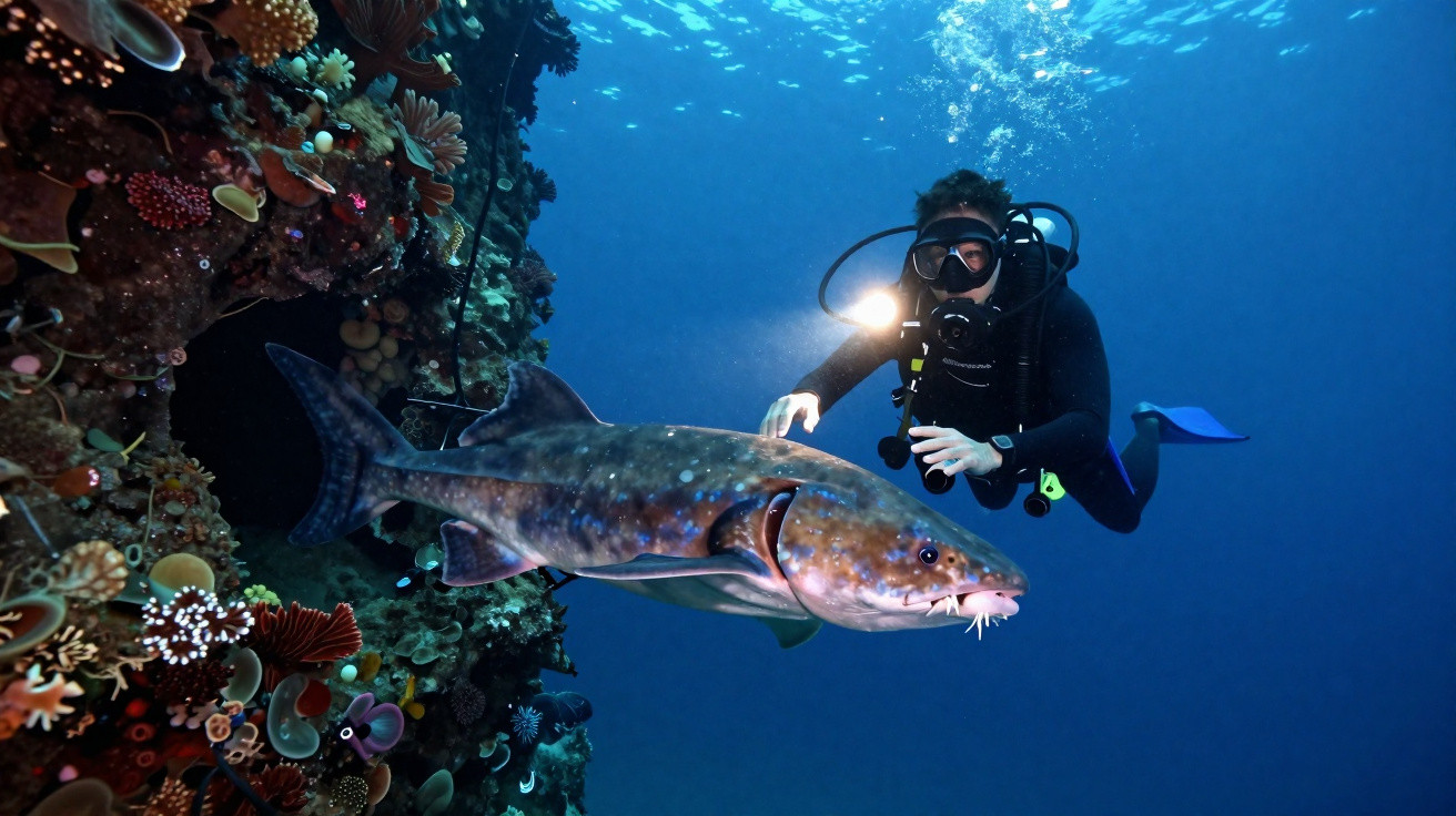 Mergulhador com luzes a explorar recife coralífero perto de um tubarão a nadar em águas profundas.