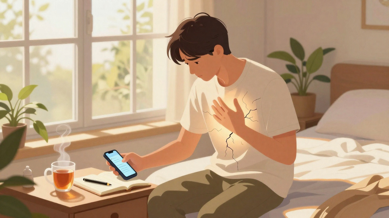 Jovem sentado na cama, segurando o peito com dor e a outra mão num telemóvel, com chá e caderno na mesa ao lado.