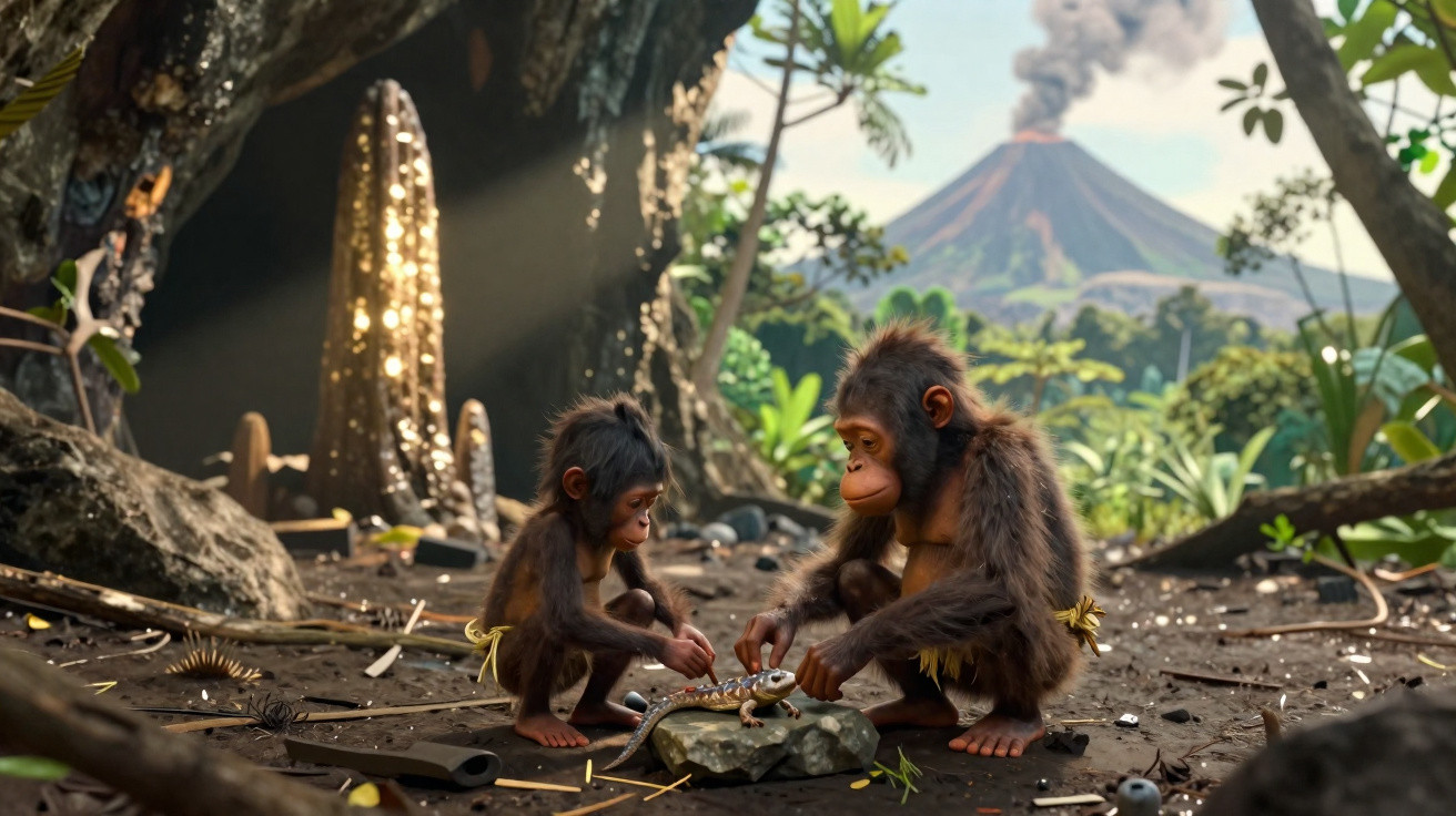 Dois macacos pré-históricos brincam juntos perto de uma caverna com vulcão em erupção ao fundo.