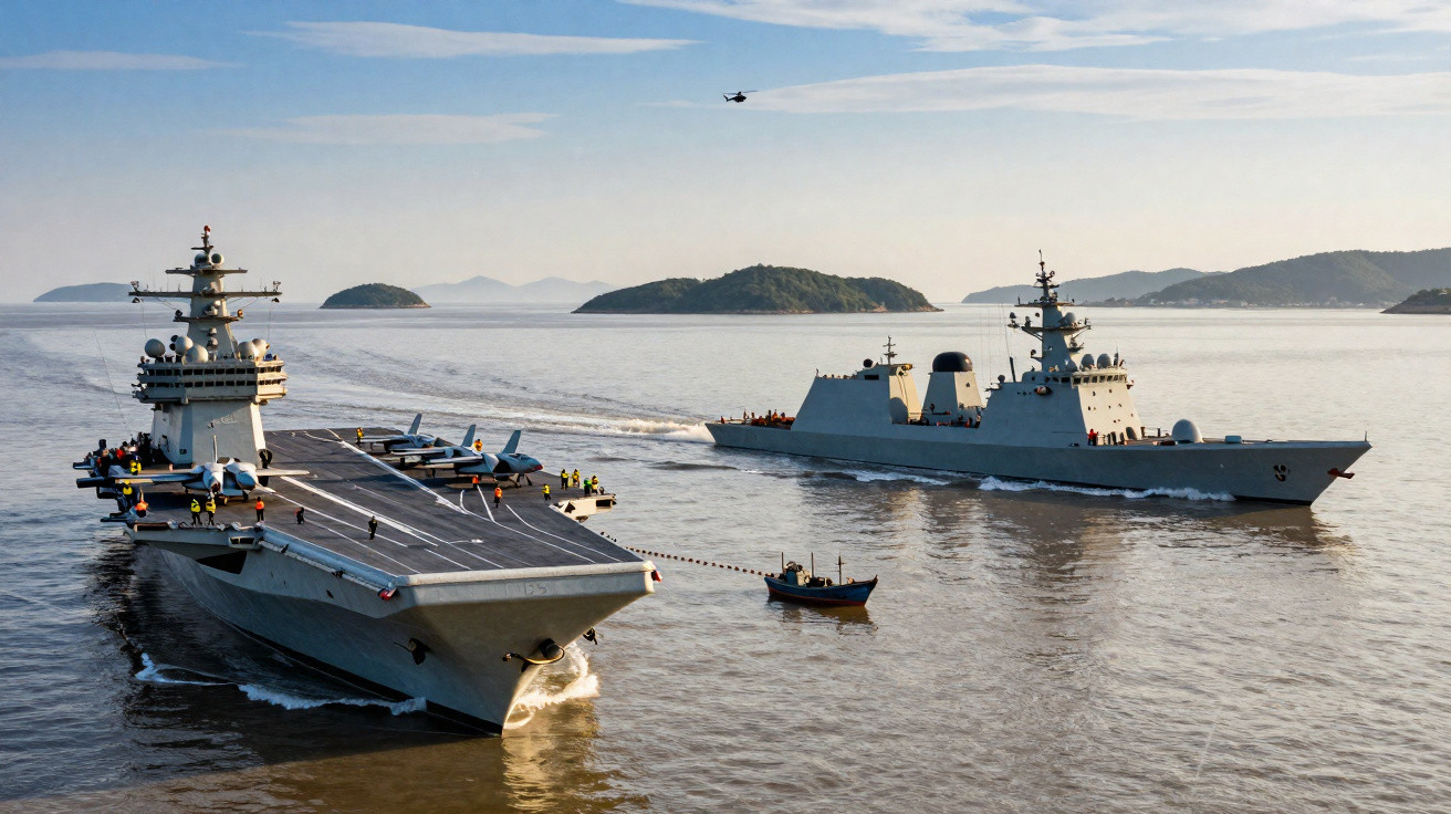 Porta-aviões militar e navio de guerra navegando próximos em águas calmas próximas a ilhas.