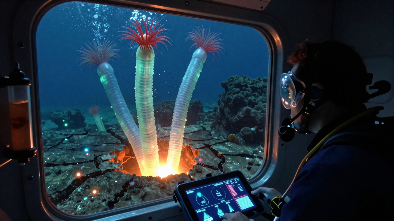Mergulhador observa através de janela subaquática três anémonas luminosas a sair do fundo marinho rochoso.