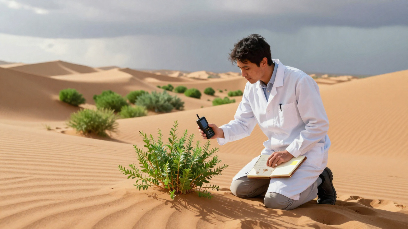 Cientista de bata branca examina planta verde no deserto segurando rádio e caderno aberto.
