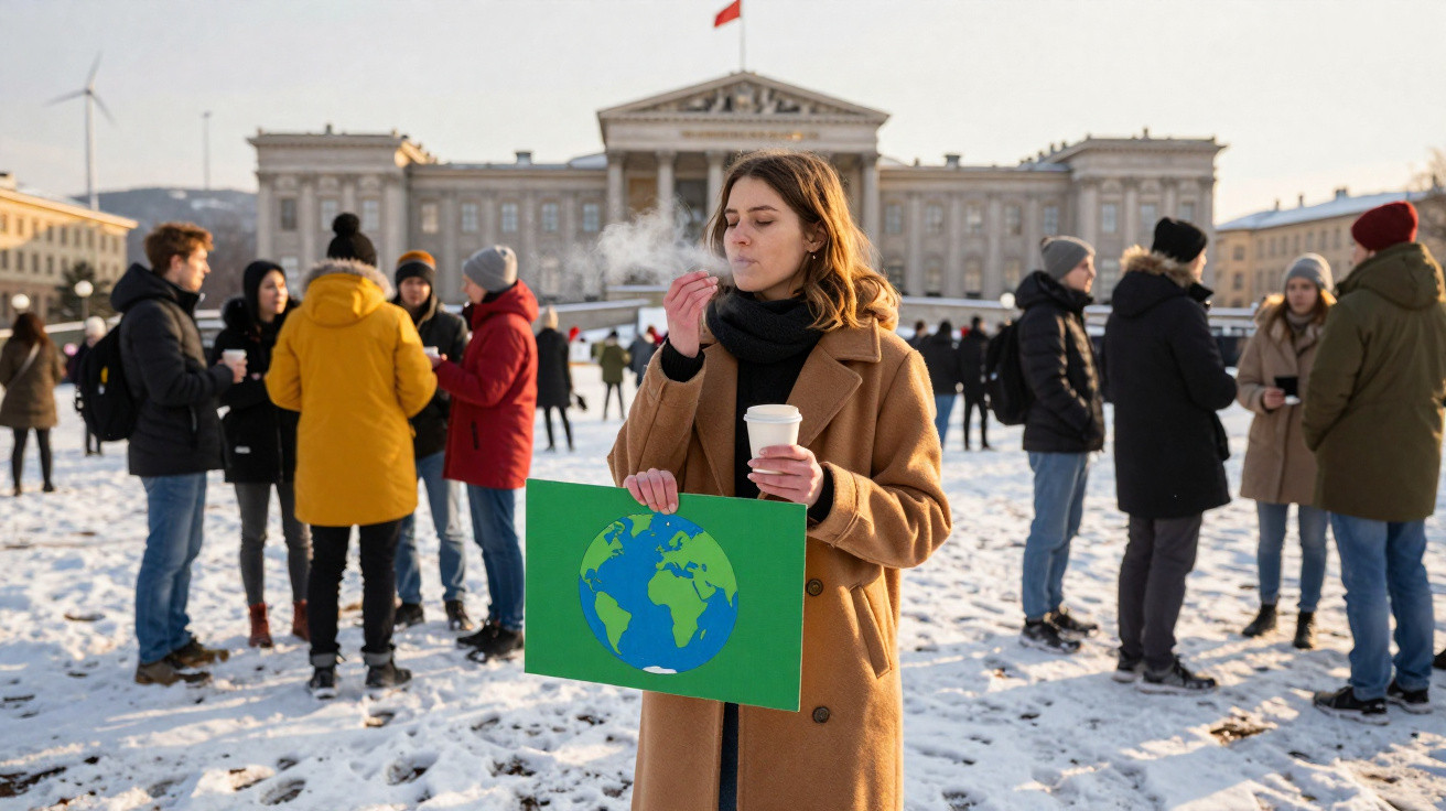 Jovem com cartaz da Terra e copo nas mãos em protesto de inverno com várias pessoas e neve no chão.