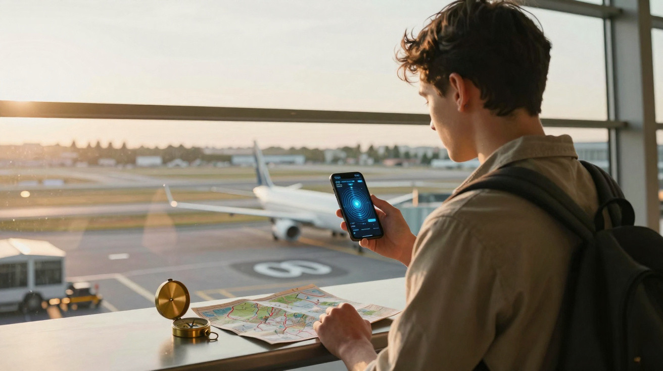 Jovem num aeroporto com mochila, mapa e bússola, a olhar para telemóvel com avião ao fundo.