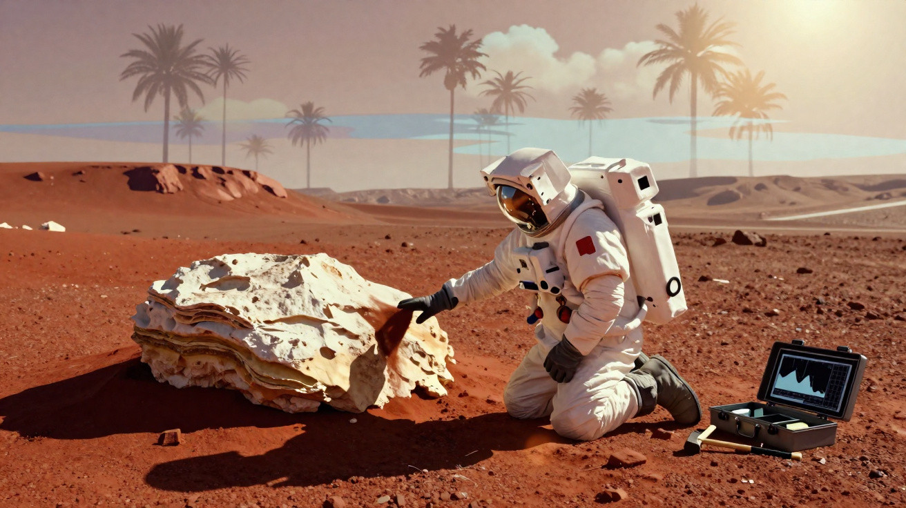 Astronauta em traje espacial examina uma rocha numa paisagem árida com palmeiras e equipamento científico ao lado.