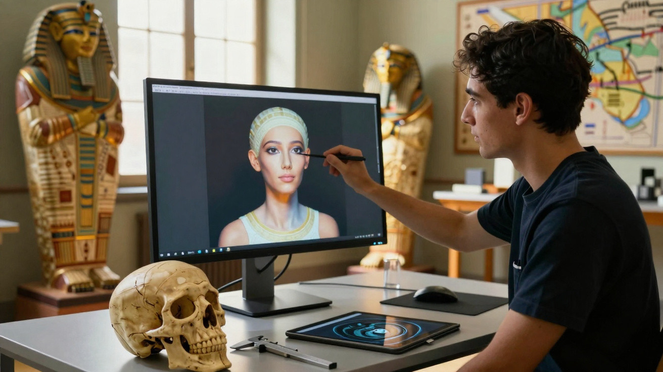Homem a trabalhar num retrato digital de uma mulher egípcia antiga num estúdio com artefatos egípcios.