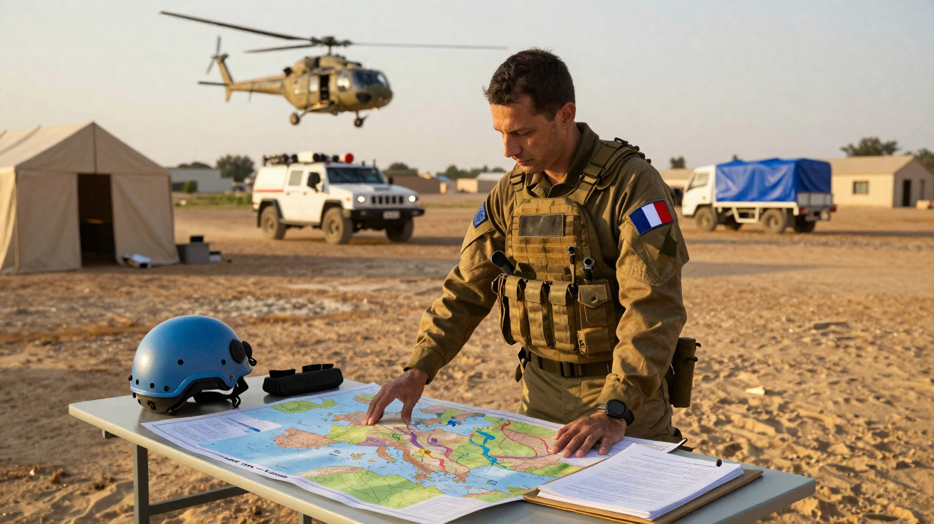 Soldado francês consulta mapa sobre mesa num acampamento militar no deserto com veículos e helicóptero ao fundo.