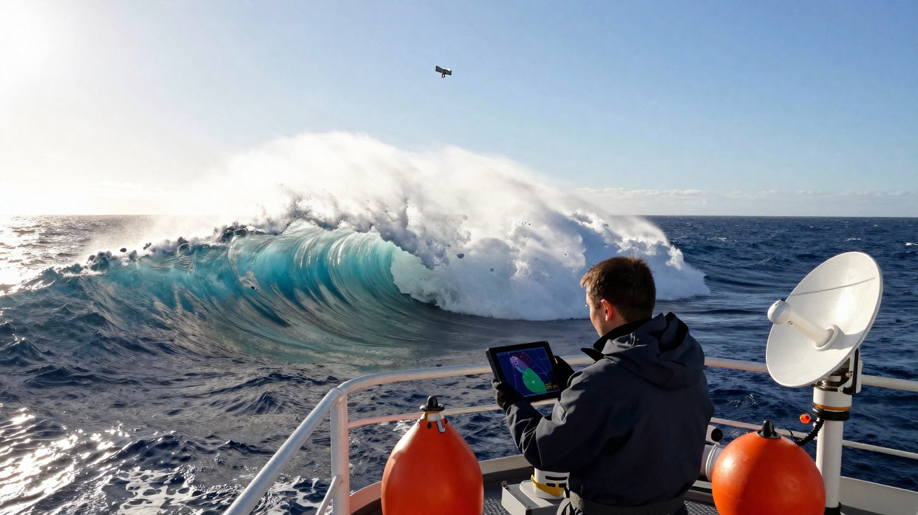 Homem num barco a analisar dados num tablet com uma grande onda azul a rebentar no mar agitado.