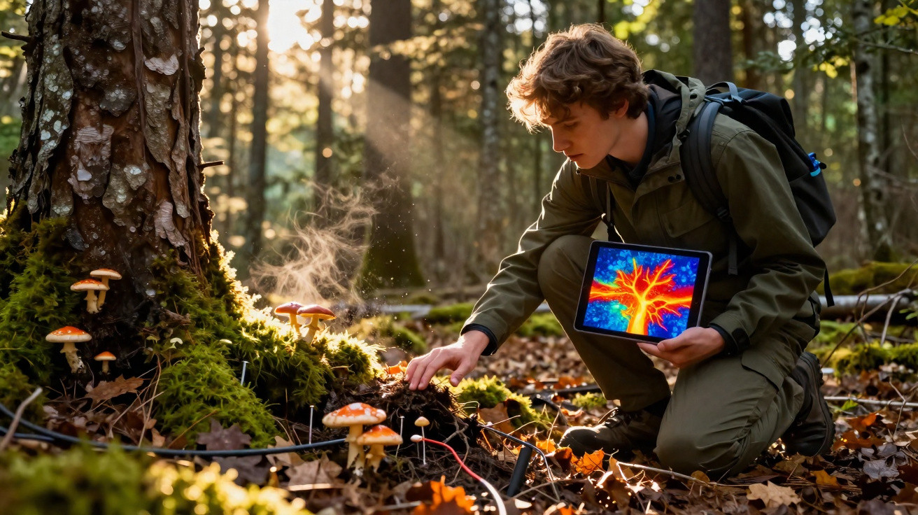 Jovem com tablet que mostra imagem térmica examina cogumelos numa floresta com luz do sol ao fundo.