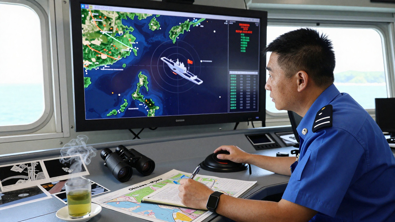 Homem em uniforme naval monitoriza posição de navio num ecrã digital dentro da cabine de comando.