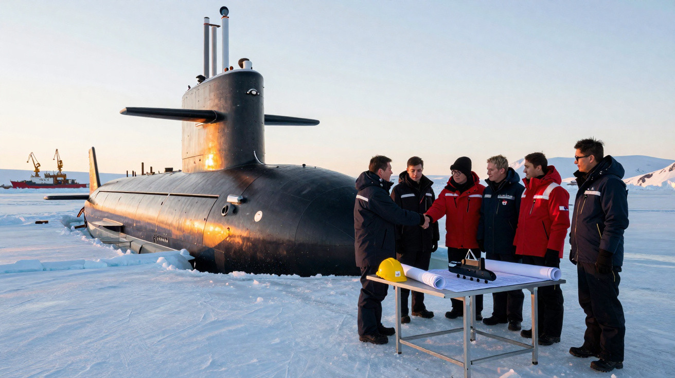Submarino preto encalhado no gelo com seis homens em roupa de frio e mesa com planta e capacete amarelo.