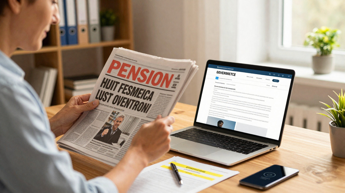 Pessoa a ler jornal sobre pensões sentada numa secretária com portátil, telemóvel e documentos na mesa.